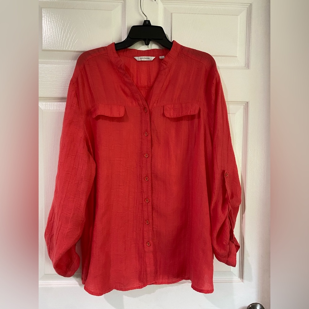 Erin London Crinkle Gauze Loose Button-Down Shirt Size XL Coral Tropics